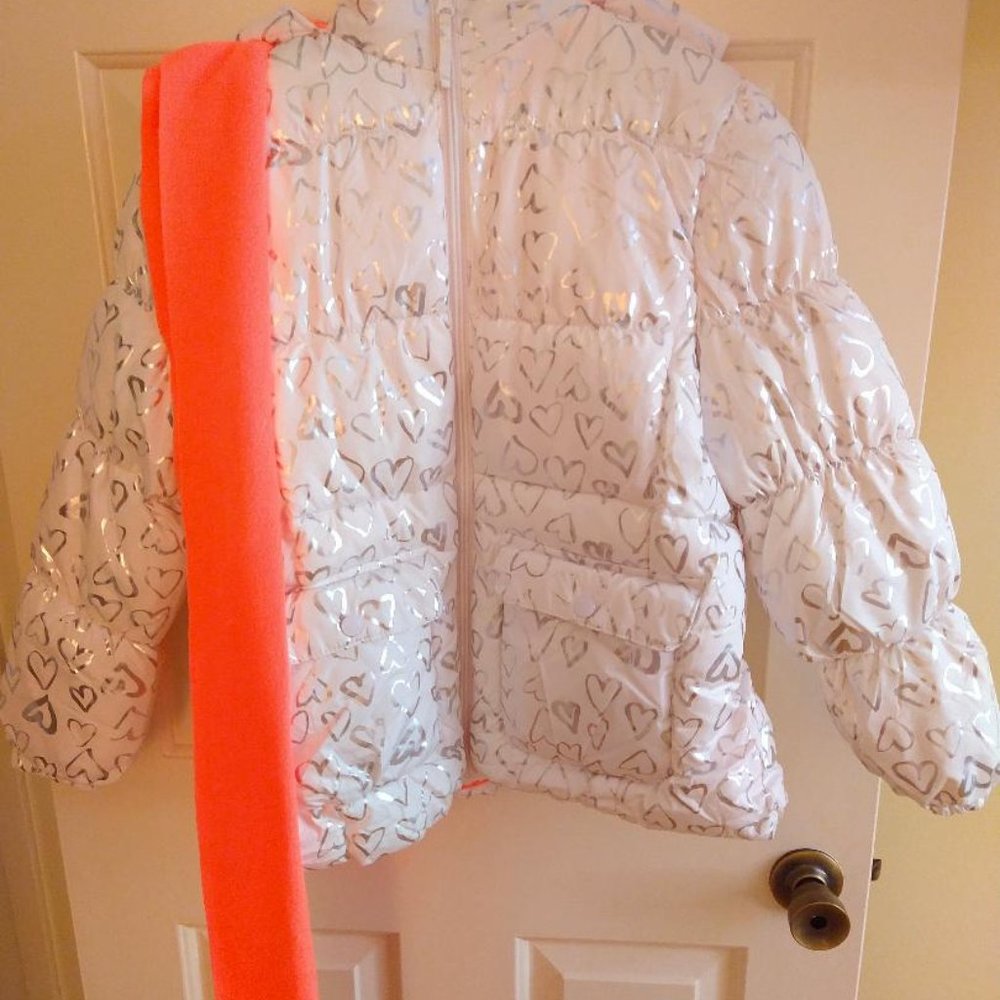 Pink Platinum Puffer Jacket - Size 14/16 - White w/silver hearts